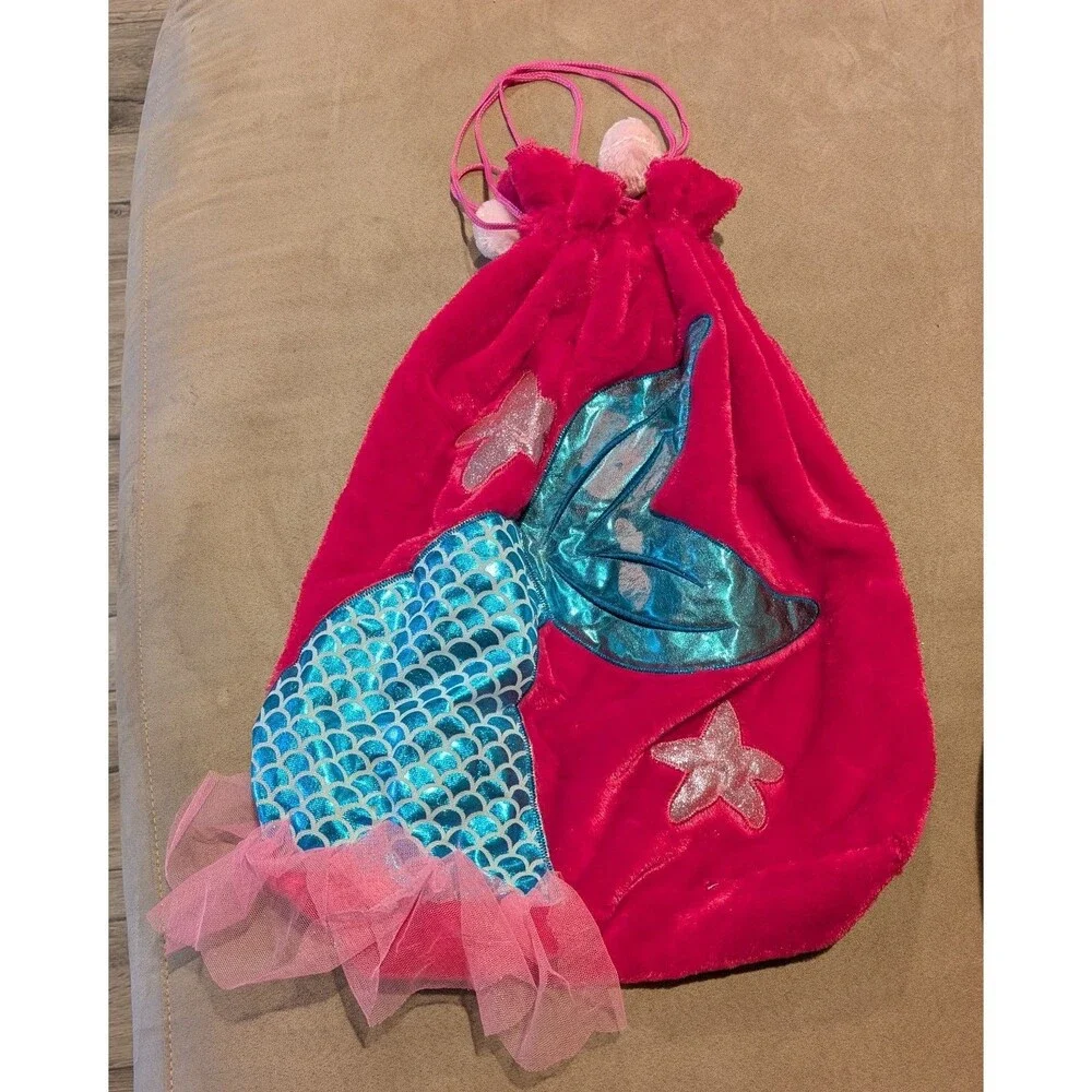 Pink Velour XL DrawstringGift Bag w/Turquoise Satin Mermaid Applique -19W x 22L
